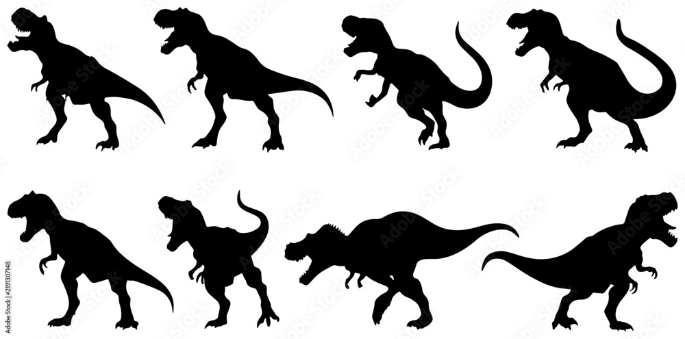 Fototapeta premium Tyrannosaurus Rex Dinosaur Silhouettes Collection, Prehistoric Reptile Vector Icons, Jurassic Era Creature Poses, Black and White Graphic Elements for Educational and Design Projects