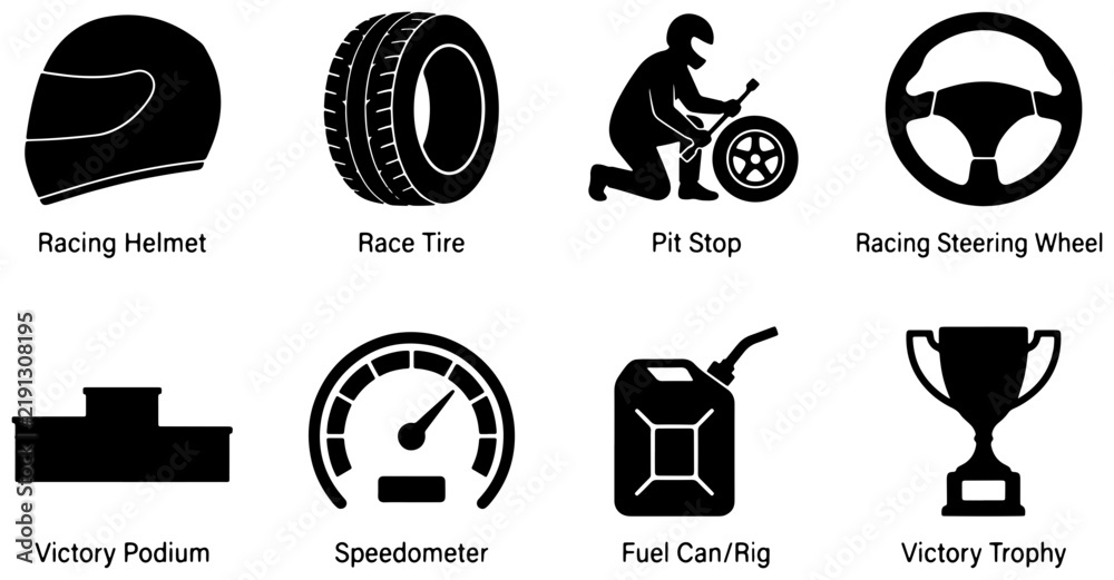 Obraz premium Motorsport Icons Set: Racing Helmet, Tire, Pit Stop, Steering Wheel, Podium, Speedometer, Fuel Can, Trophy Vector Graphics
