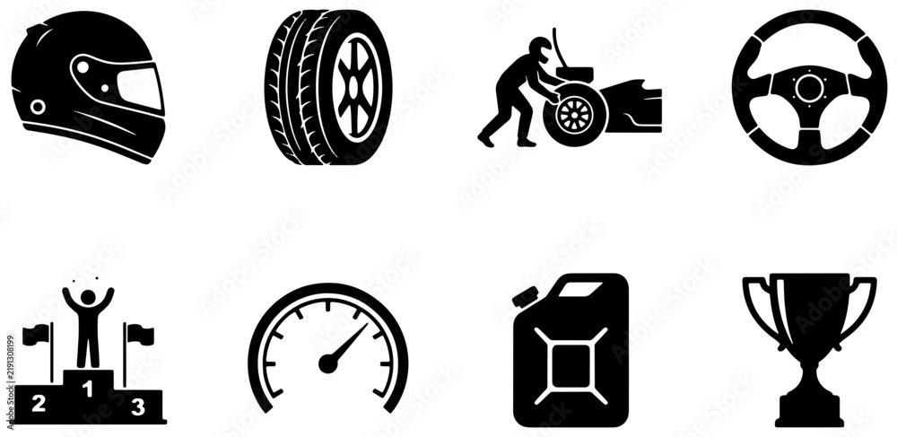 Obraz premium Motorsport Icons Set: Racing Helmet, Tire, Pit Stop, Steering Wheel, Podium, Speedometer, Fuel Canister, Trophy