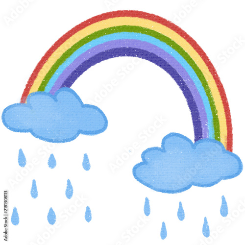 rainbow and clouds, hand drawn crayon style rainbow with rain clouds, rainbow illustration