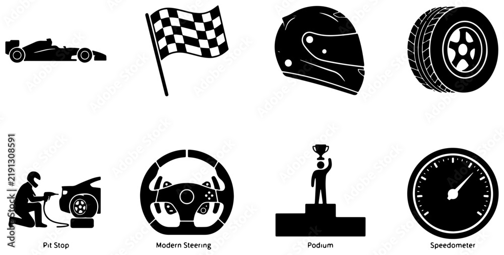 Obraz premium Formula 1 Racing Icons Set: Speedometer, Podium, Pit Stop, Helmet, Tire, Steering Wheel, Race Car, Checkered Flag Vector Graphics
