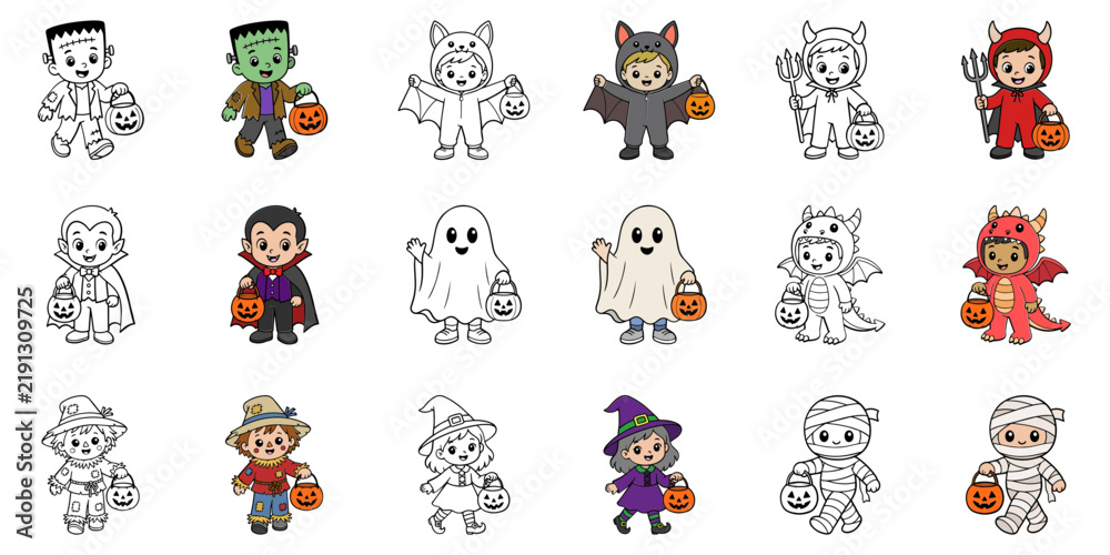 Fototapeta premium A collection of cute cartoon Halloween characters in costume, including vampires, monsters, ghosts, and devils, each holding a treat bag.
