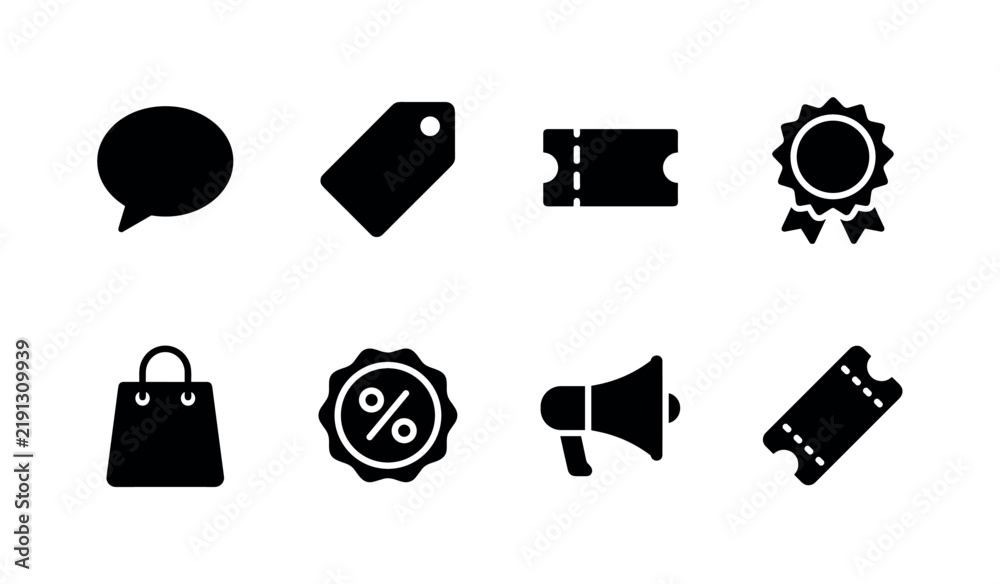 Obraz premium Retail Quote Discount, solid glyph icon set featuring quote bubble, price tag, coupon, retail badge, shopping bag, percent seal, megaphone and ticket, covering 10 percent sale concept, promotion