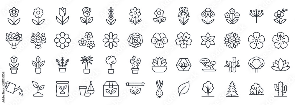 Obraz premium Flowers, Plants line icon set. Rose, tulip, lavender, daisy, sunflower, lotus, cactus, succulent, bonsai and gardening tools linear minimal vector illustration. Simple outline signs. Editable Stroke.