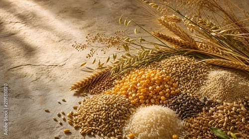 Raw Cereal Grains and Wheat Ears Still Life Stone Background