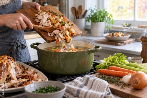Thanksgiving leftovers being transformed into a hearty soup, illustrating zero-waste cooking, budget meals and creative food reuse.