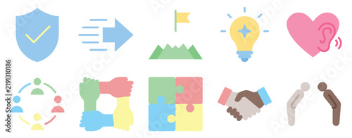 Core value icon set flat style ethics symbol collection for business integrity trust and principle graphic