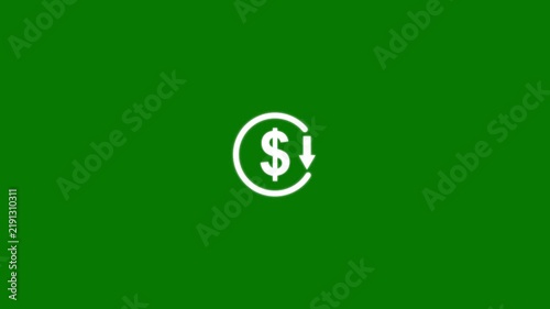 Abstract decrease icon on green background. Dollar rate down looped icon. Reduce costs sign and symbol. 4k video animation