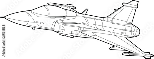 Detailed Line Art Vector Outline Drawing of a Modern Fighter Jet Aircraft