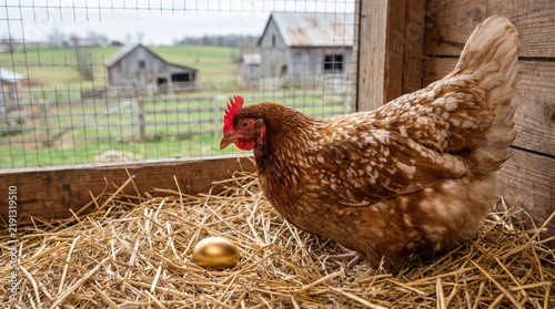 Hen looking at golden egg in coop. Ignored value and missed opportunity.