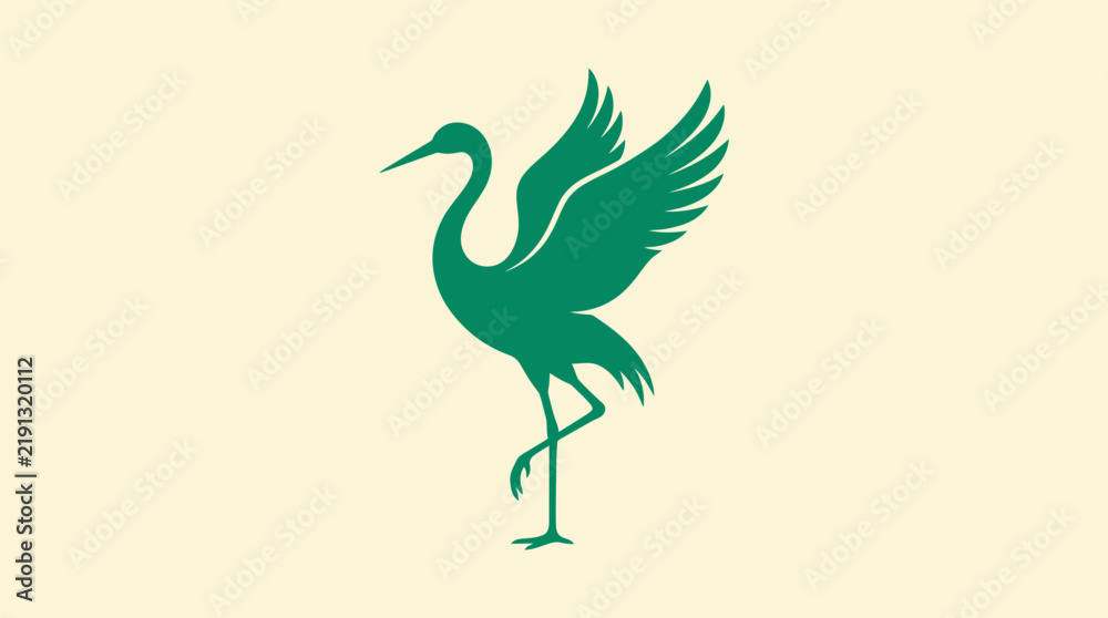 Fototapeta premium Minimalist green crane bird silhouette icon isolated on a light beige background.