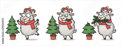 Funny comic strip with humor, naughty cartoon goat in Santa cap eating potted Christmas tree, step by step scene, character perfect for festive seasonal greeting cards, banners and prints