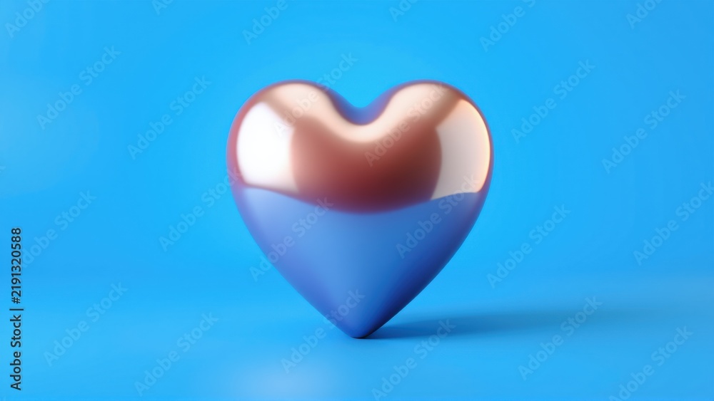 Fototapeta premium Metallic heart shape, twotone color scheme. Blue bottom transitions into rose gold top. Simple studio lighting, dark background.