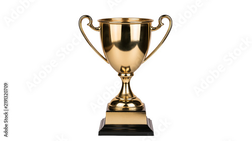 Konstfotografi Shiny polished gold trophy cup with two handles on a black square base