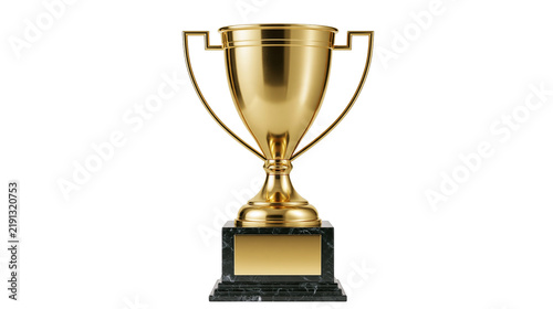 Konstfotografi Shiny golden trophy cup with two handles on a black marble base with blank plaqu