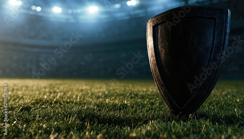 Protective Shield Standing on a Lush Green Sports Field Under Stadium Lights.