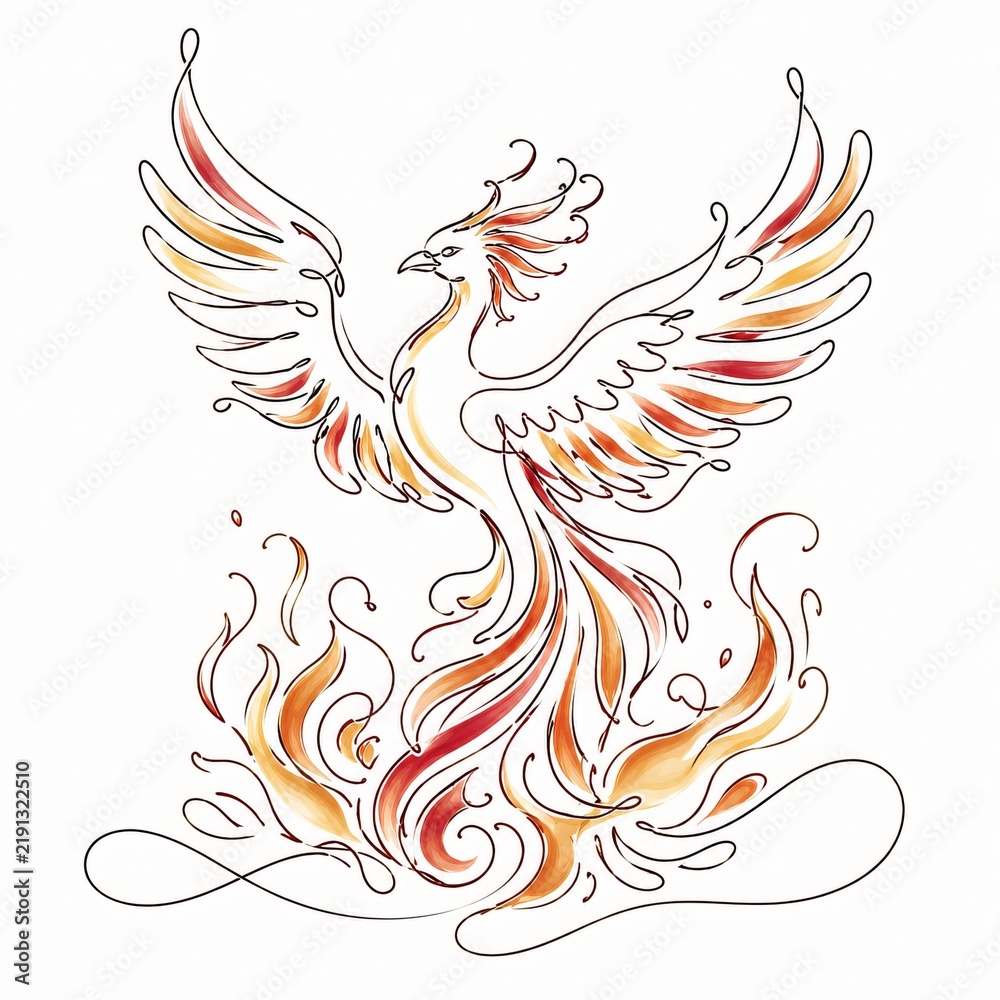 Fototapeta premium Majestic phoenix rising gracefully from elegant flames, illustrated using one continuous flowing line forming wings, tail feathers, and fiery motion, with crimson and golden accents.