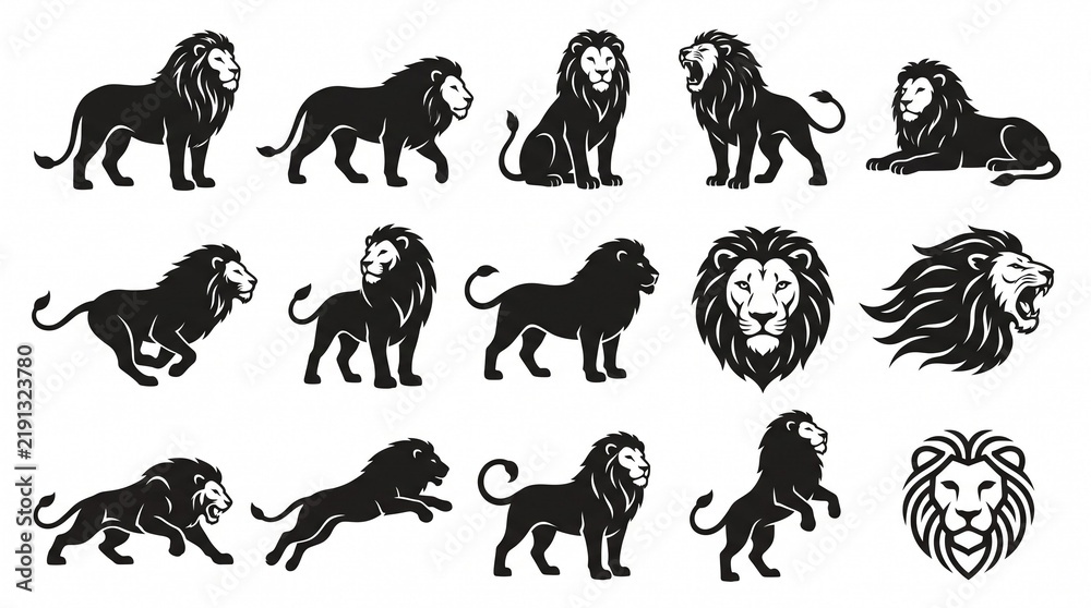 Obraz premium Lion Silhouette Vector Collection Wildlife Animal Creative Design Set
