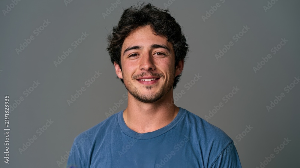 Obraz premium Head-and-shoulders portrait of a handsome young man with a bright smile in a blue shirt
