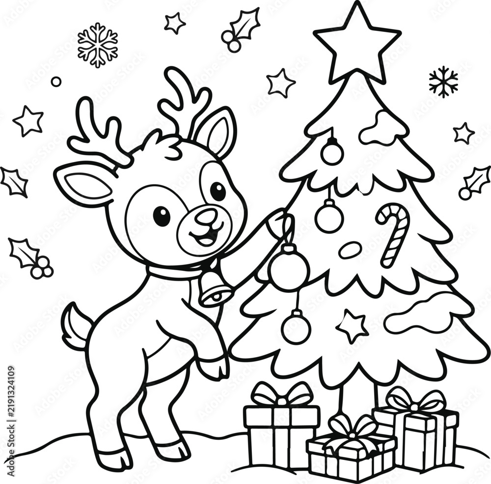 Fototapeta premium Cute cartoon reindeer hanging an ornament on a christmas tree