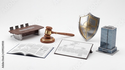 Legal and Security Concept with Gavel Shield and Office Items on White Background