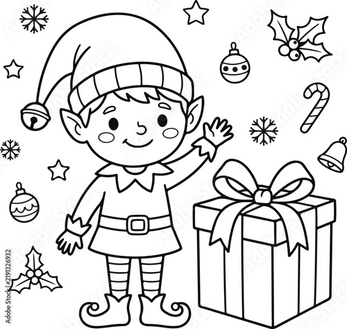 Christmas elf coloring page for kids with gift, candy cane, ornaments, and holly