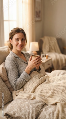 Woman Enjoying a Warm Beverage in a Cozy Bed Setting Embodying Pure Comfort and Peaceful Home Tranquility