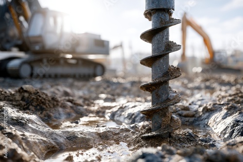 Industrial construction site featuring a drilling auger tool penetrating wet muddy soil with heavy machinery blurred in the background under daylight sky
