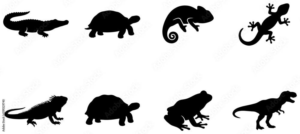 Obraz premium Reptile and Amphibian Silhouettes Collection: Alligator, Tortoise, Chameleon, Lizard, Frog, Dinosaur Icons