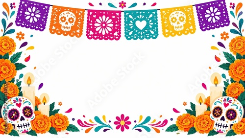 Colorful Día de los Muertos floral border with papel picado banners, sugar skulls, marigolds, candles, and a blank white center.