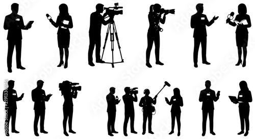 Journalism and Media Professionals Silhouette Set, 12 Diverse Figures with Cameras and Microphones, News Reporting and Broadcasting Vector Icons