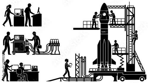 Space Rocket Launch Preparation, Mission Control Team, Technology & Engineering Vector Icons Set