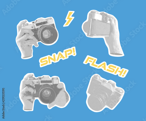 Vintage film camera sticker pack, Halftone retro photography elements set