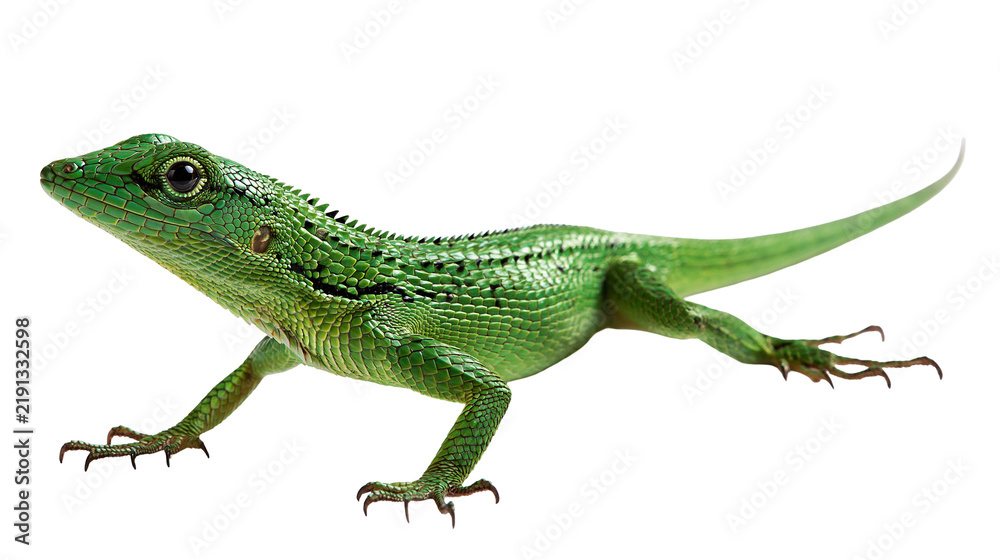 Fototapeta premium Vibrant green lizard with textured scales and long tail in profile view