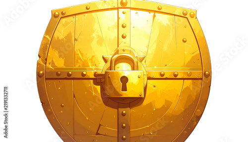 Golden ornate treasure chest, large padlock and rivets