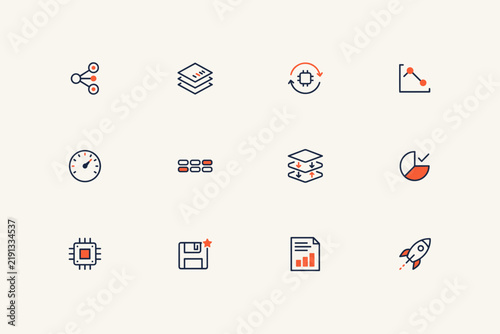 Navy and orange outline icon set for model training and performance metrics, twelve icons
