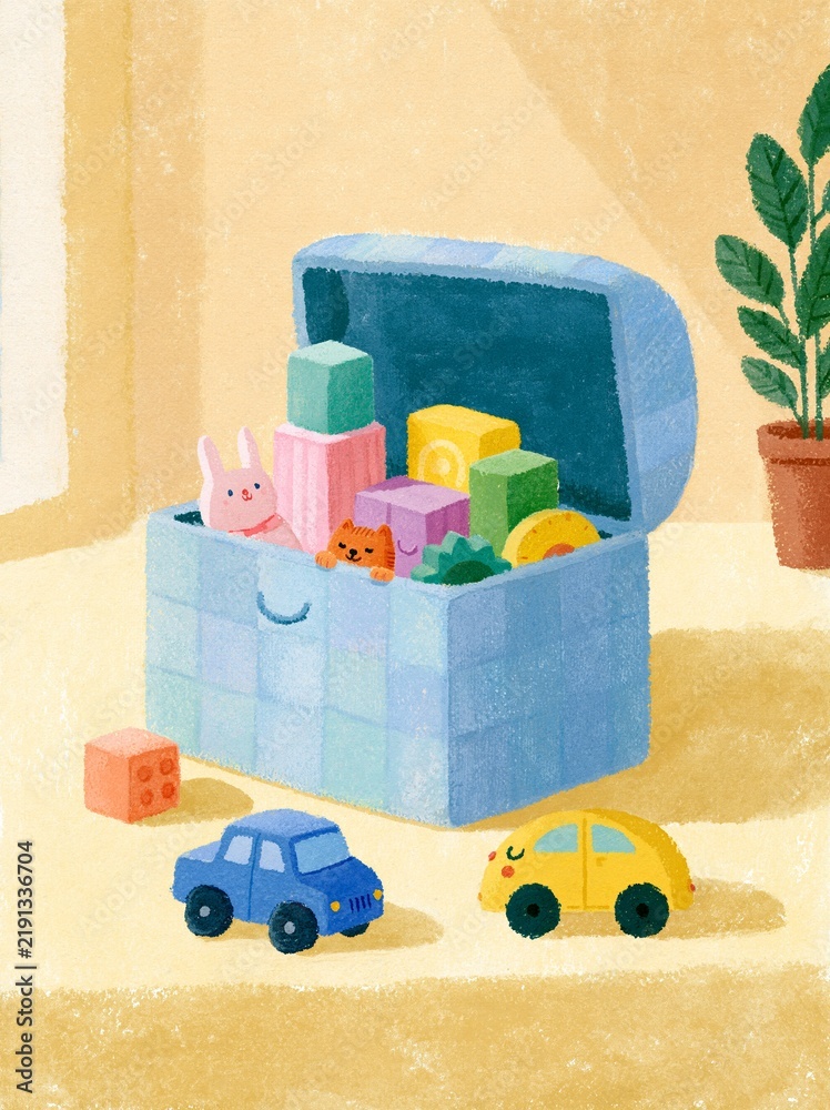 Obraz premium Colorful Toy Box on Table with Toys and Cars