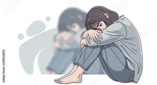 Emotional Child Crying While Hugging Knees Illustration
