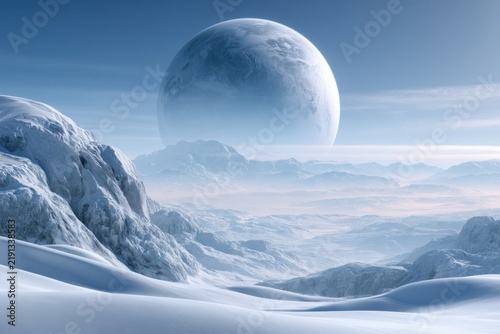 Expansive snowy alien landscape under a giant distant icy planet in a serene blue sky with mountainous icy terrain and soft mist in the valley below