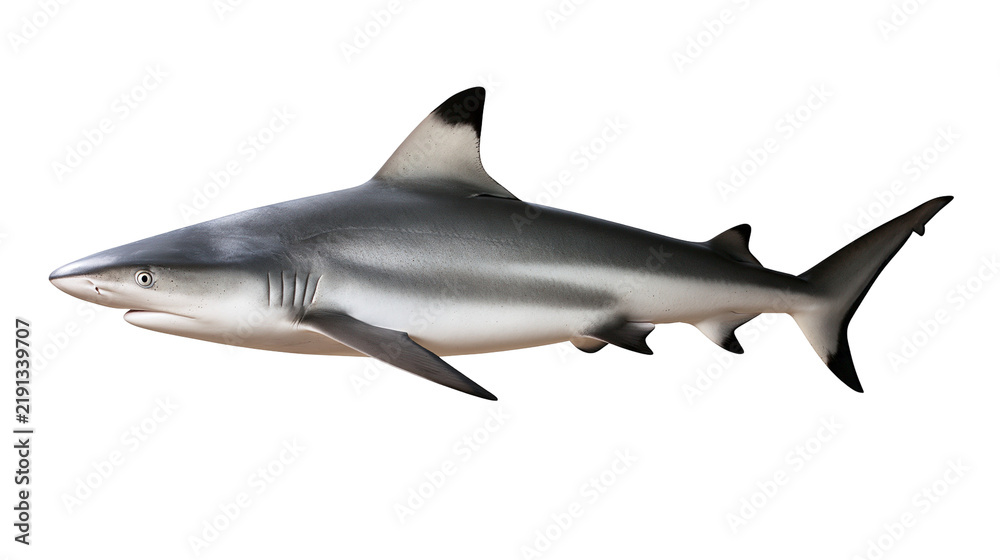 Obraz premium Blacktip reef shark swimming with grey and white skin and dark fin tips