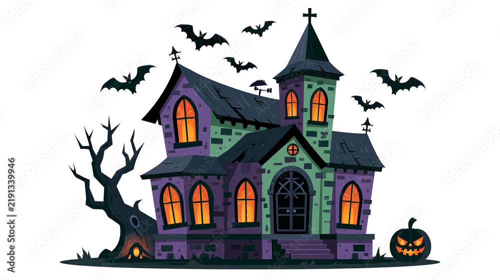 Fototapeta premium Spooky haunted mansion with glowing windows flying bats, dead tree and pumpkin