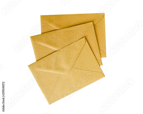A stack of three sealed  kraft envelopes, transparent background