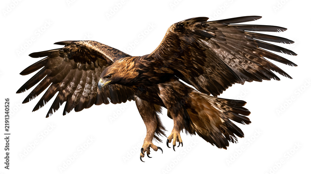 Obraz premium Golden eagle soaring with wings spread wide and sharp talons extended