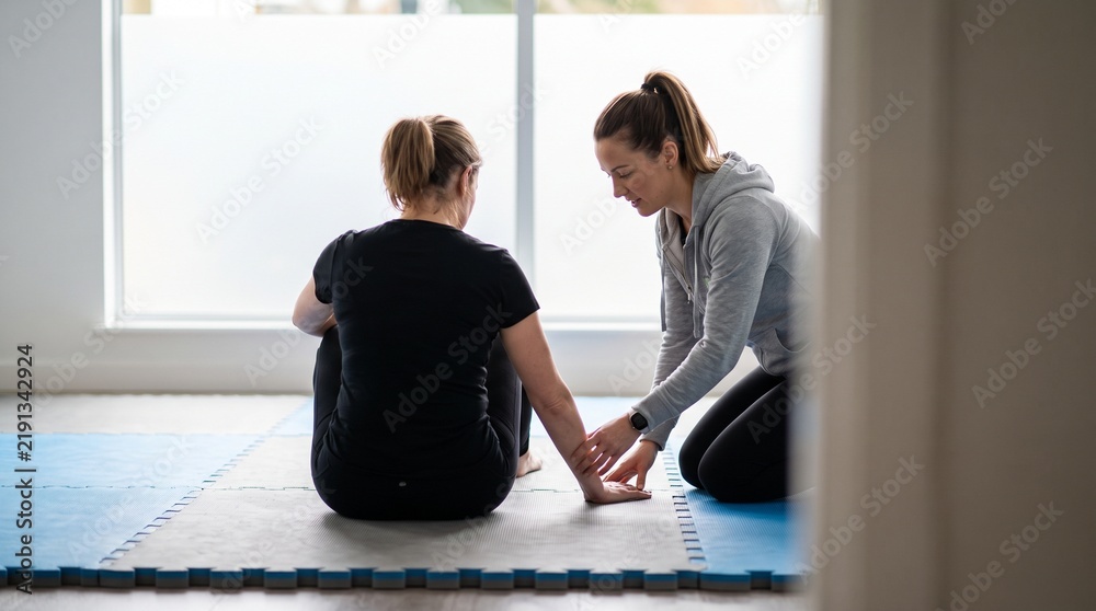 Obraz premium Female Instructor Teaching Woman Self Defense Technique in Martial Arts Training