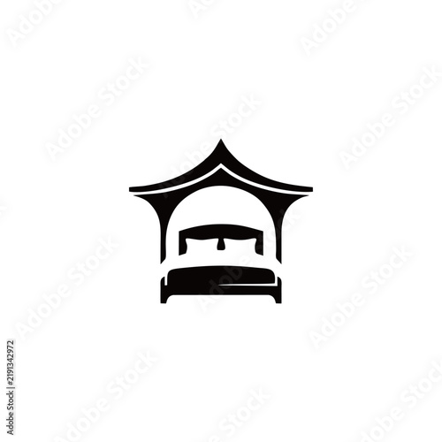 Fotografie Minimalist black luxury bedroom icon with pagoda roof and canopy bed