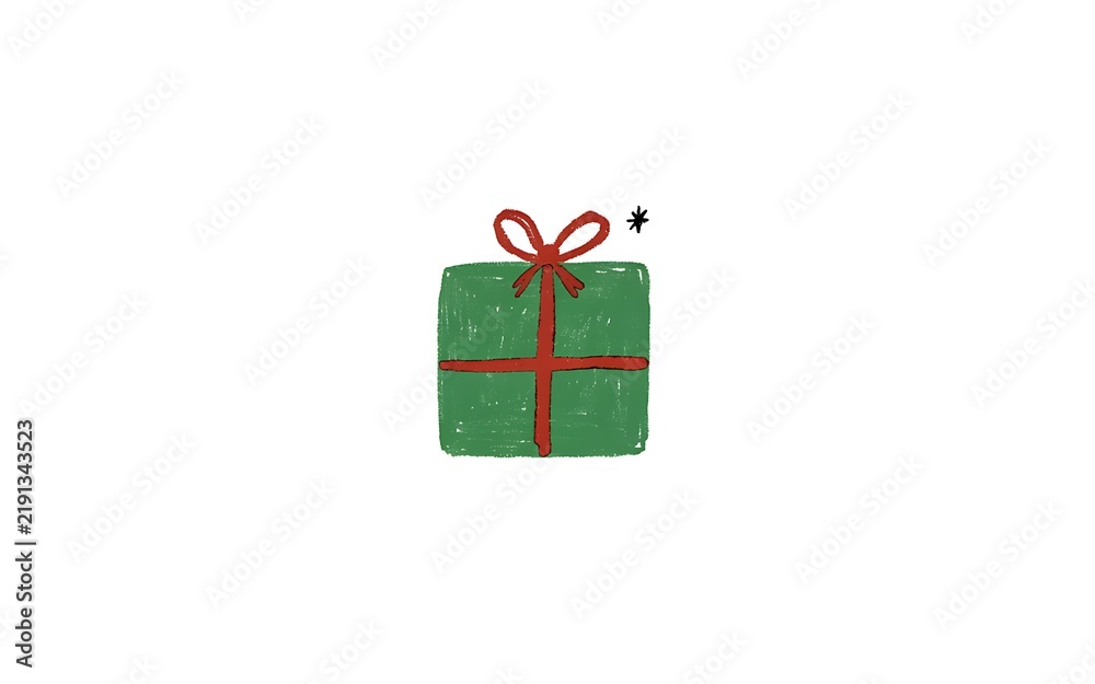 Fototapeta premium Hand Drawn Green Christmas Gift Box Red Bow Ribbon Doodle Vector Illustration