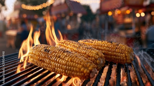 Grilled corn on the cob cooking over open flames on a barbecue grill during a festive outdoor evening event with string lights in the background