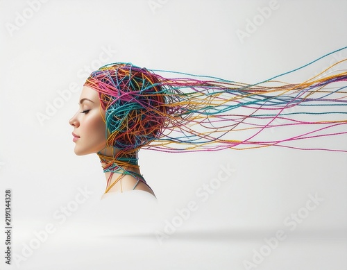 Woman’s Mind Connected by Colorful Threads as a Mental Health Concept