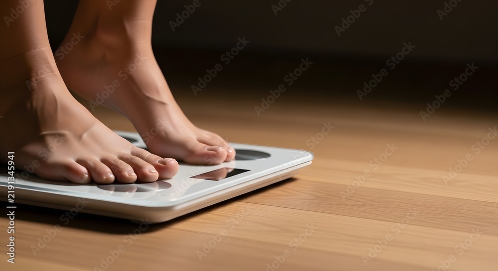 Fototapeta premium Close up bare feet standing on digital bathroom scale for weight measurement and health tracking.
