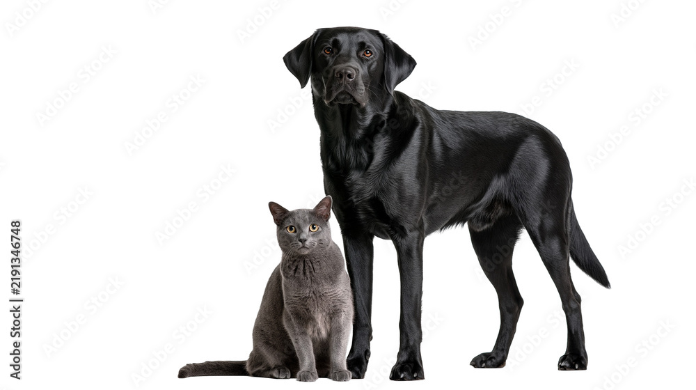 Fototapeta premium Black Labrador Retriever dog standing next to a sitting grey Russian Blue cat
